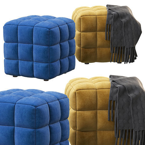BLUE VELVET TUFTED CUBE FOOTSTOOL OTTOMAN 3D model 2