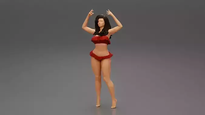 Hot beautiful woman in bikini standing with her arms raised up