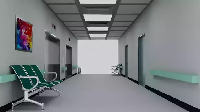 Elevator hospital corridor with chairs