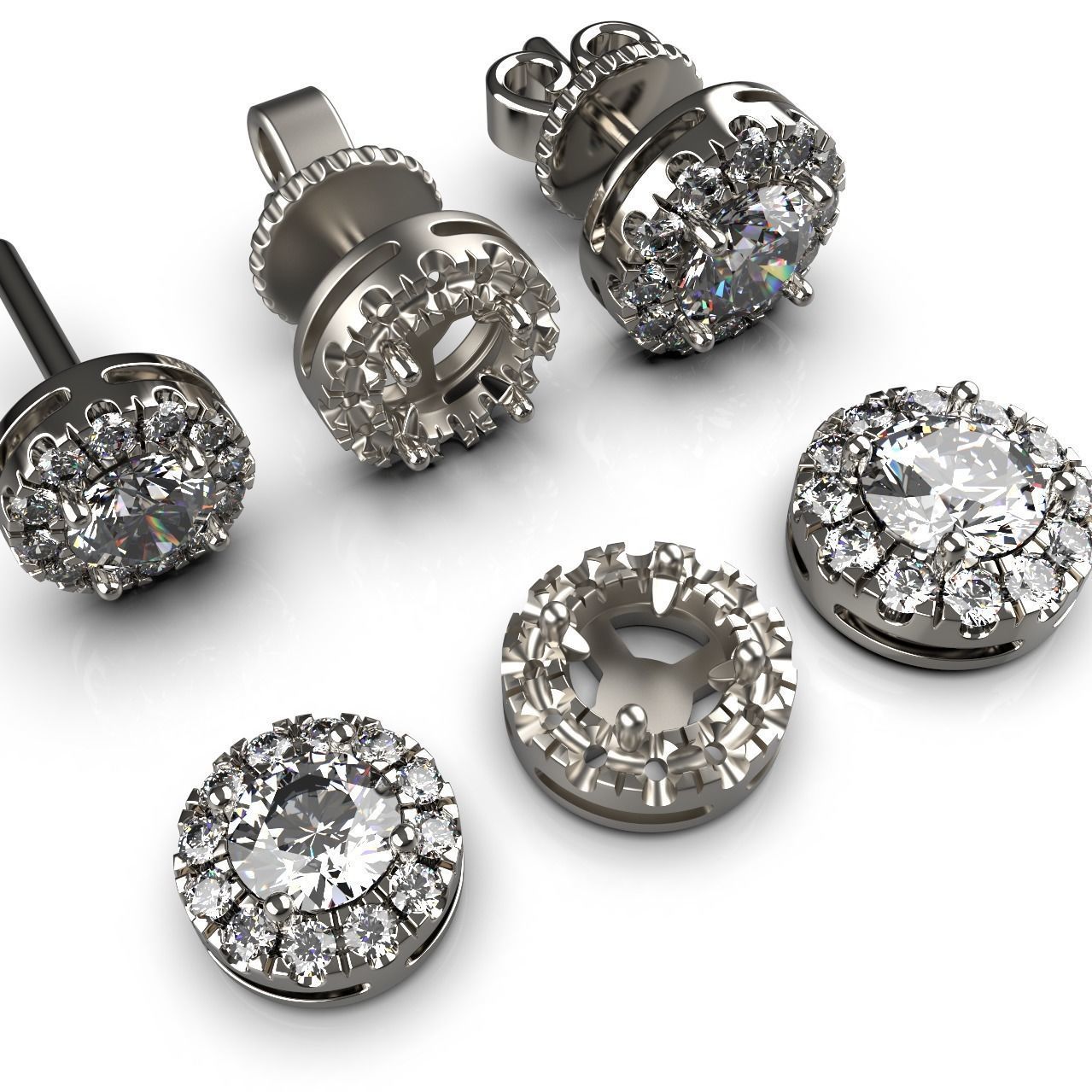 Round Diamond Halo Stud Earrings 3D print model_1