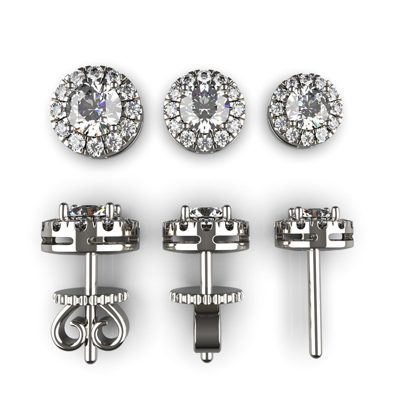 Round Diamond Halo Stud Earrings 3D print model_3