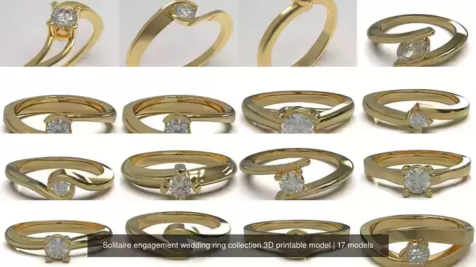 Solitaire engagement wedding ring collection 3D printable model 