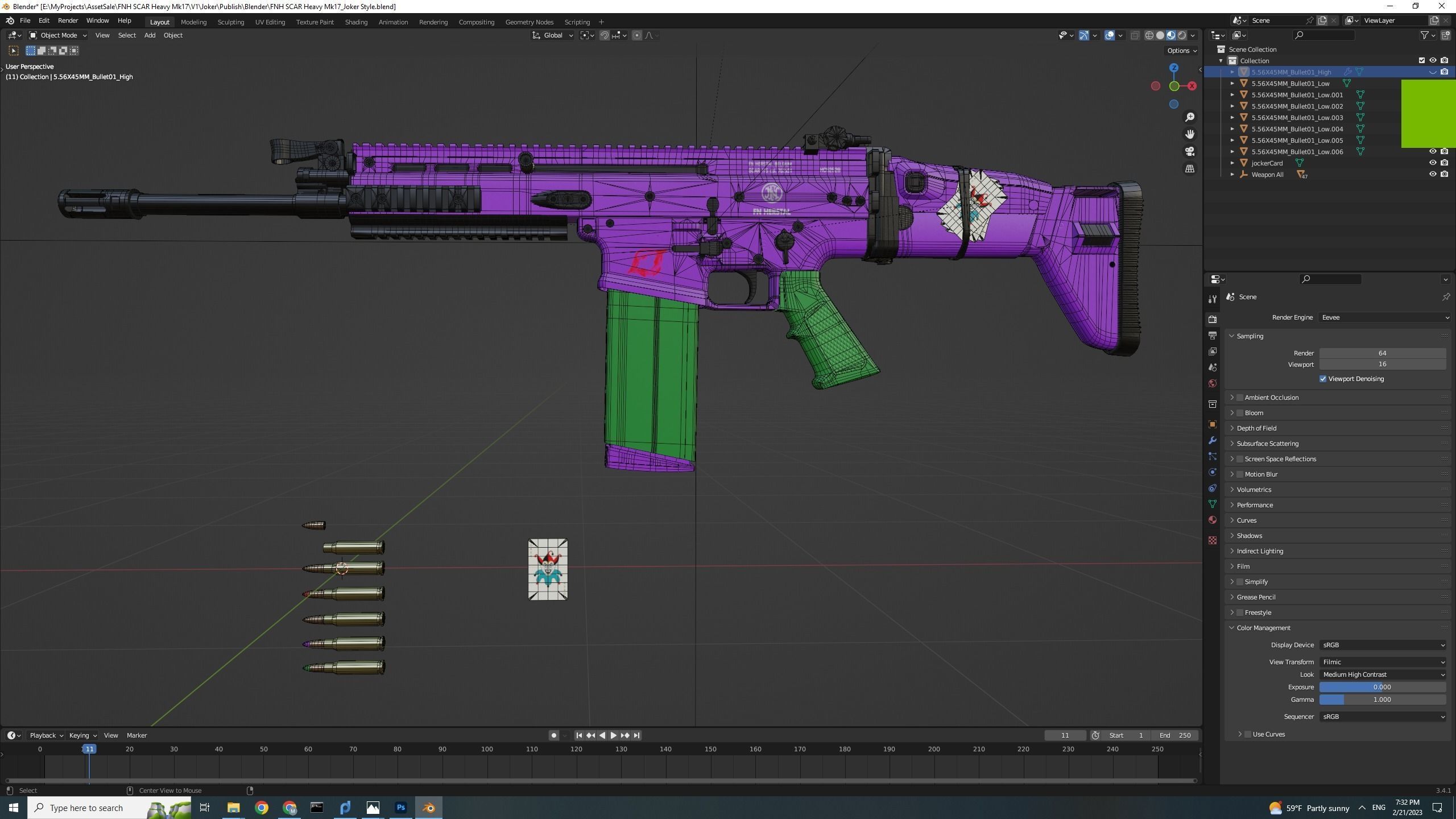 FN SCAR Heavy Mk17 Custom Joker  theme and five type of bullet Low-poly 3D model_10