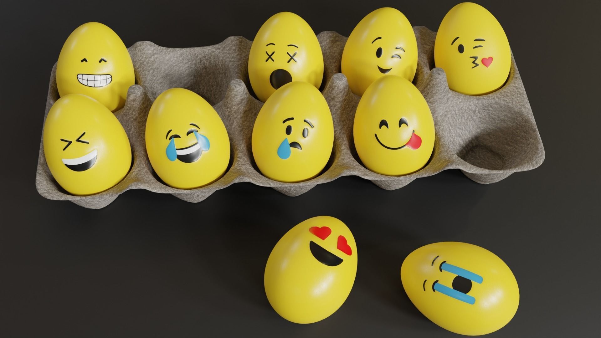 Smile Emoji Easter Eggs in Tray 3D model_5