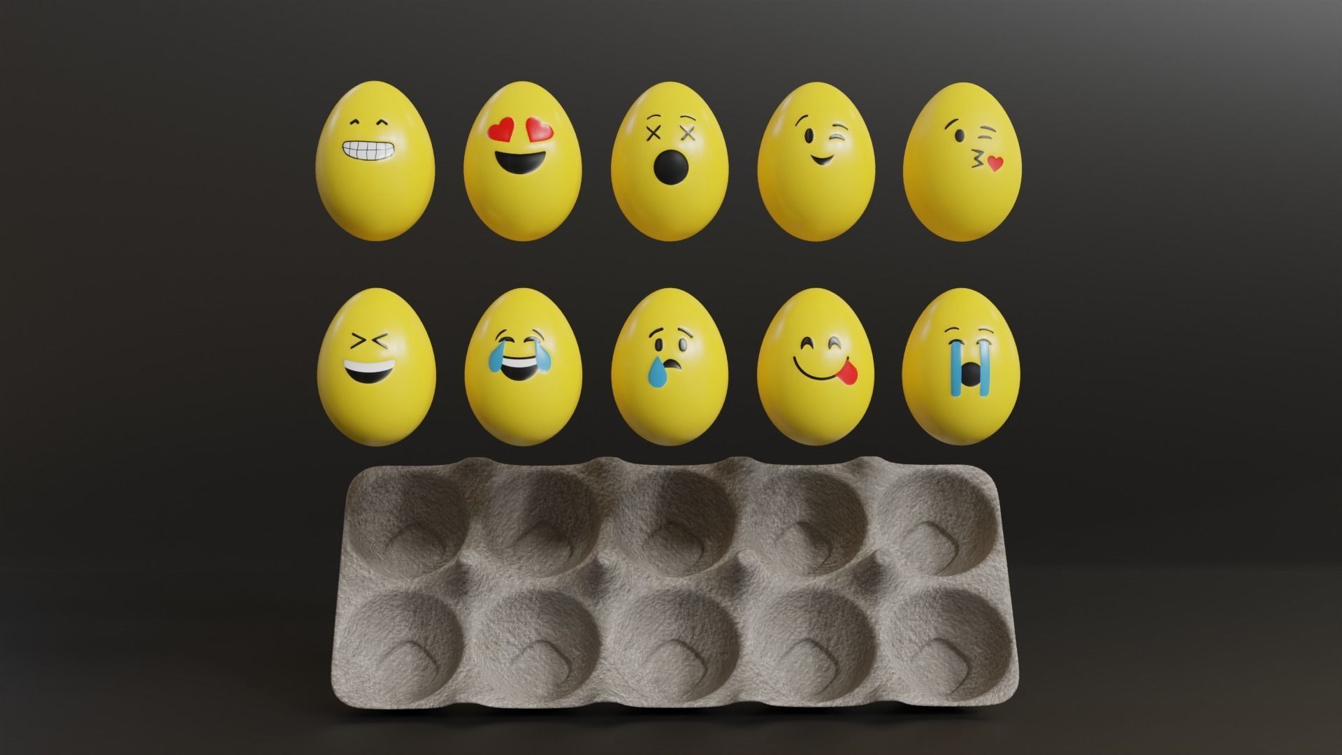 Smile Emoji Easter Eggs in Tray 3D model_1