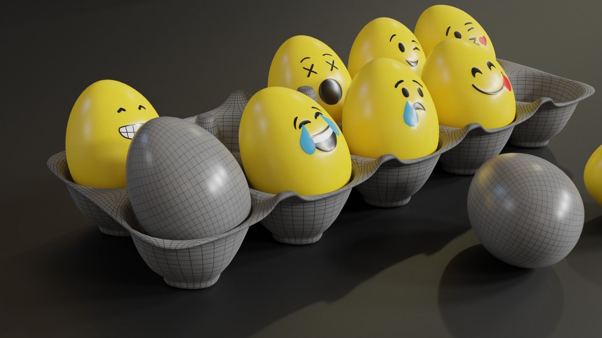 Smile Emoji Easter Eggs in Tray 3D model_7