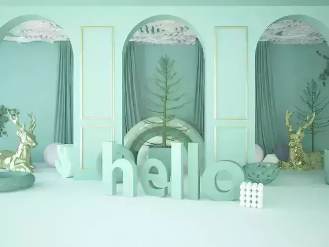 Arched wall interior scene with mint and gold decorations