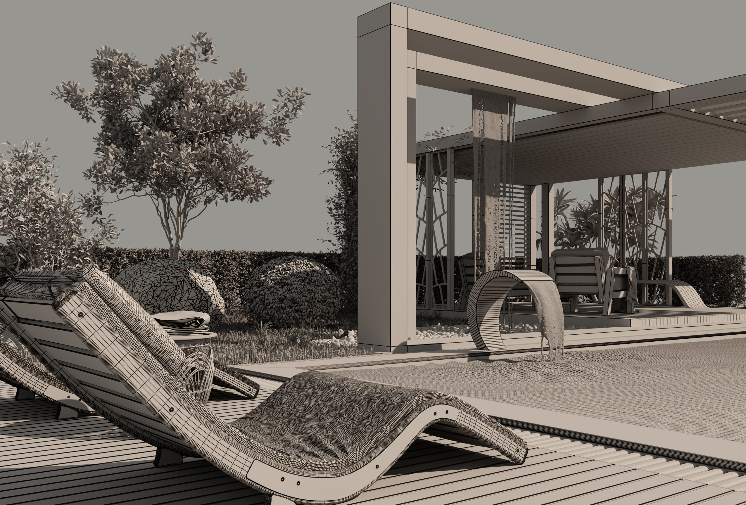 Pool Gazebo Plants and Fountains 3D model_11