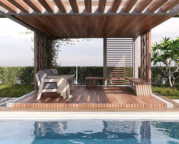 Pool Gazebo Plants and Fountains 3D model 7