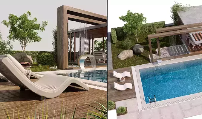 Pool Gazebo Plants and Fountains 3D model