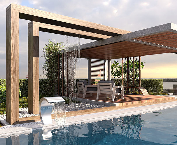 Pool Gazebo Plants and Fountains 3D model 5