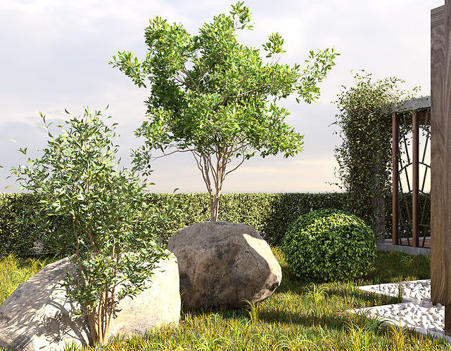 Pool Gazebo Plants and Fountains 3D model 4