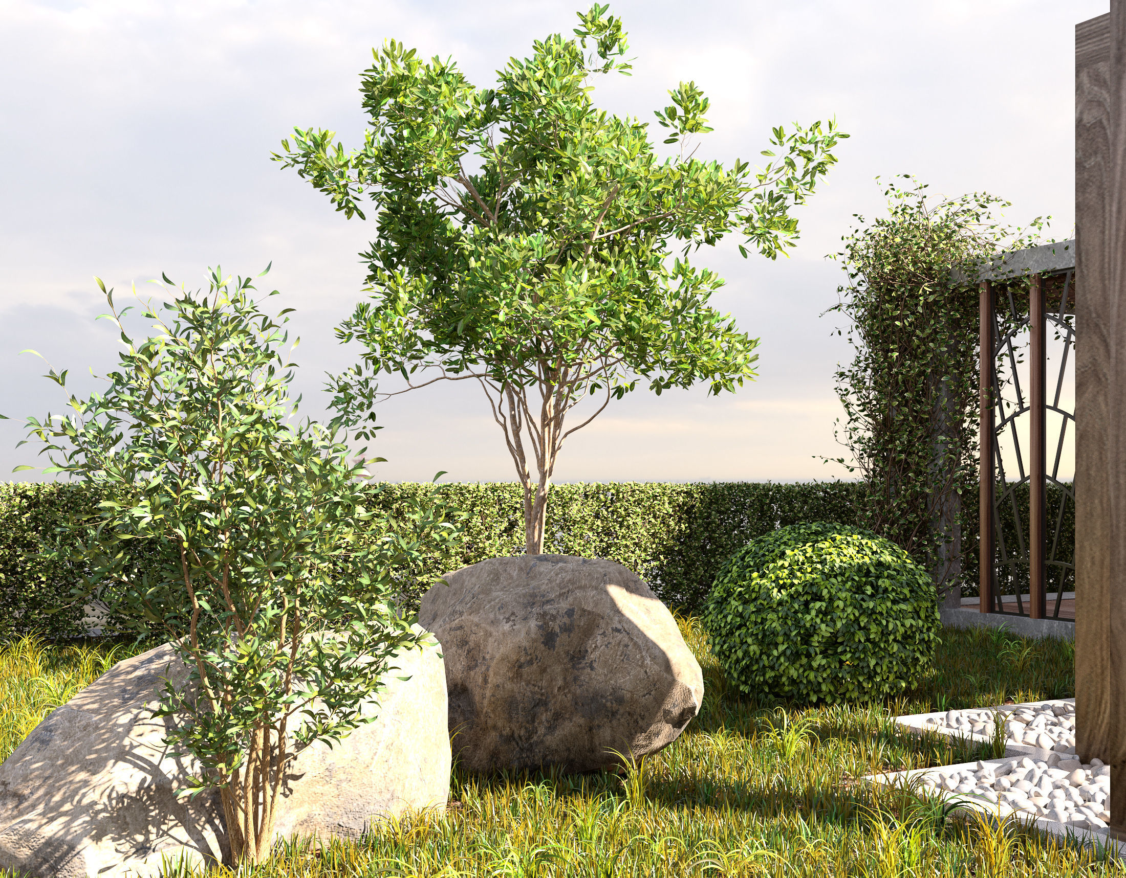 Pool Gazebo Plants and Fountains 3D model_3