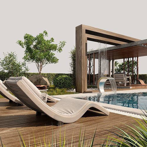Pool Gazebo Plants and Fountains 3D model 3