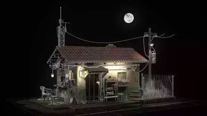  Night city street scene Low-poly 3D model