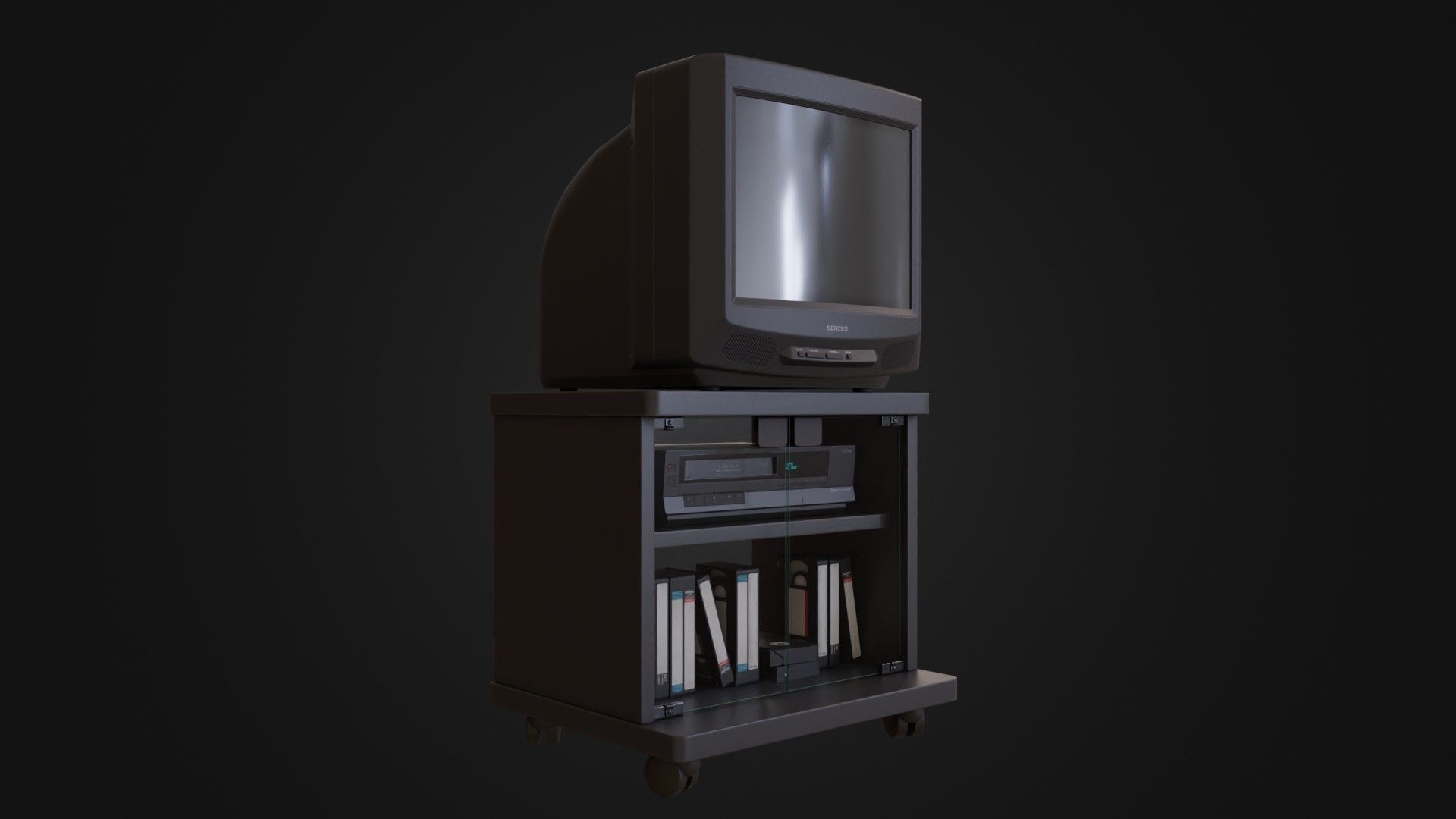 CRT Television with TV stand VCR player and VHS tapes Low-poly 3D model_7