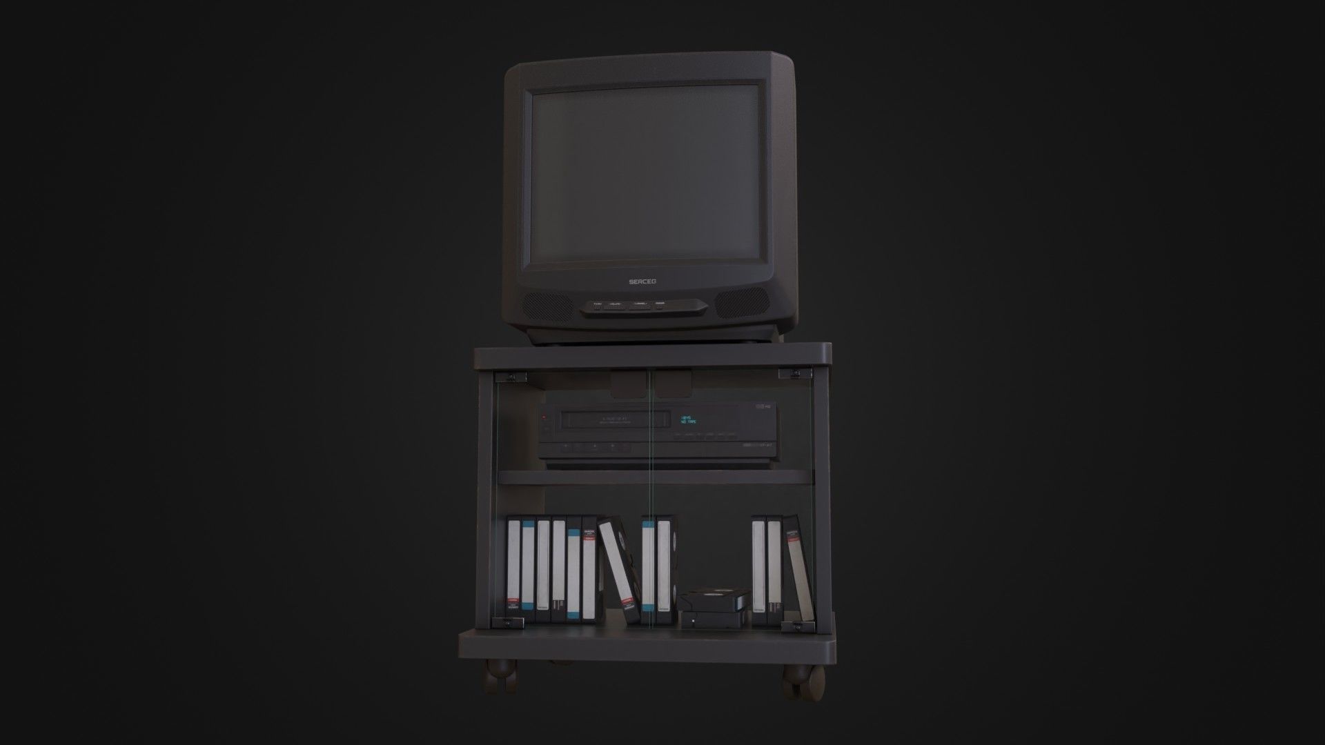 CRT Television with TV stand VCR player and VHS tapes Low-poly 3D model_2