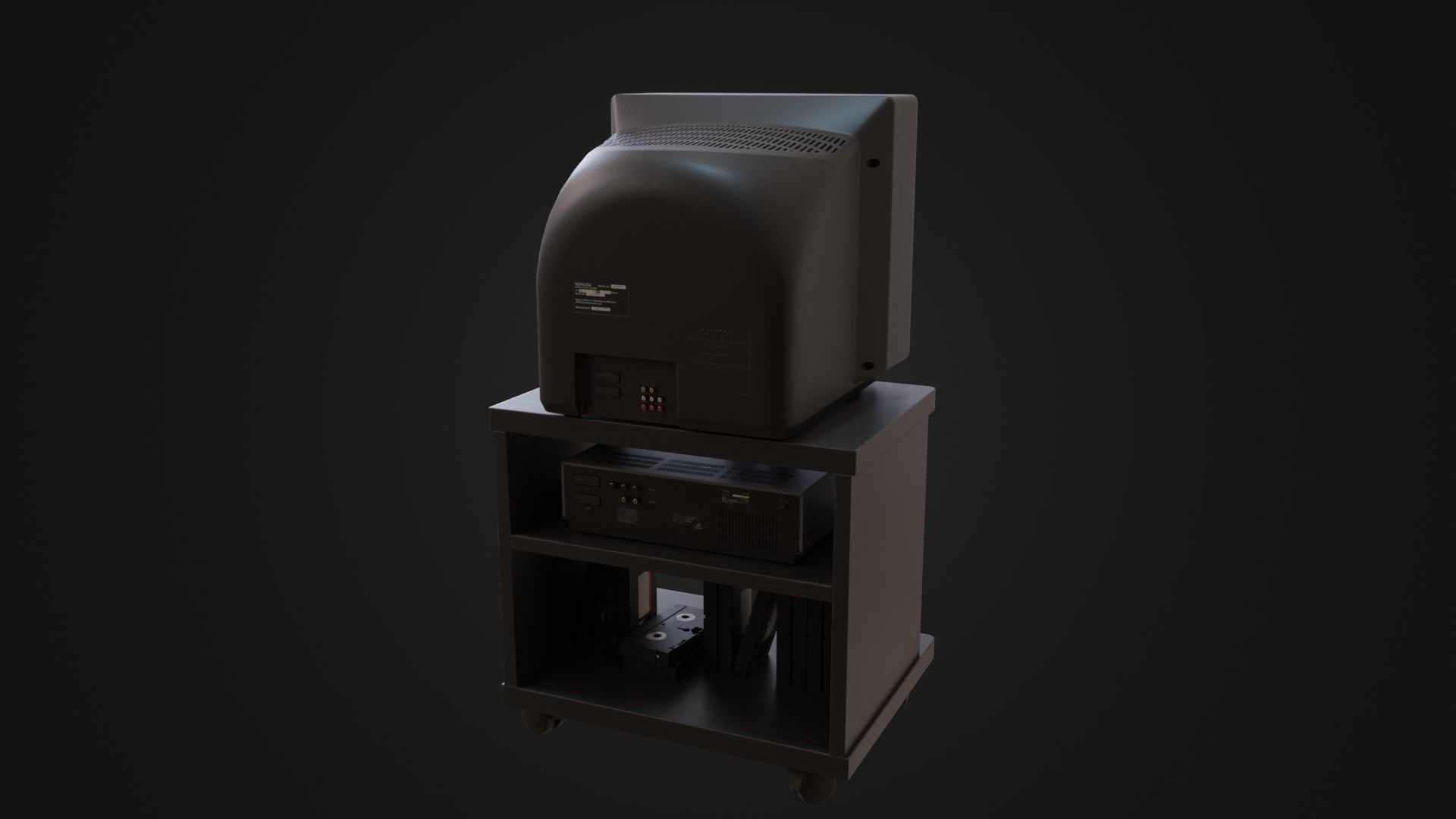 CRT Television with TV stand VCR player and VHS tapes Low-poly 3D model_21