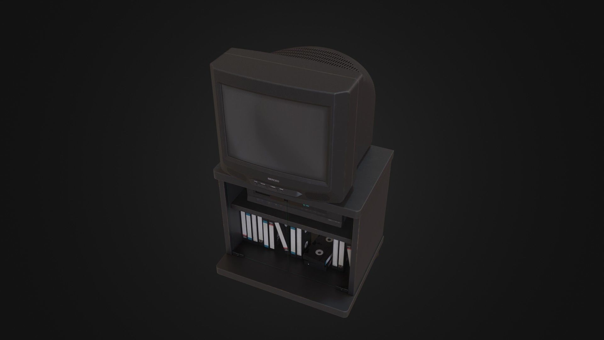 CRT Television with TV stand VCR player and VHS tapes Low-poly 3D model_42