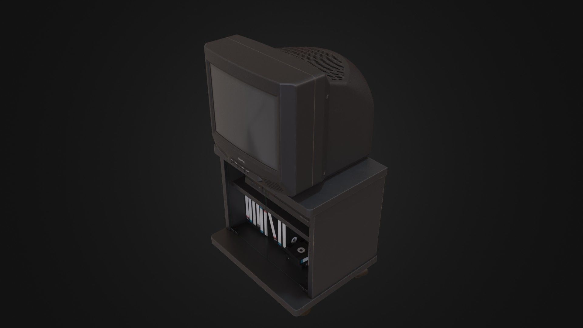 CRT Television with TV stand VCR player and VHS tapes Low-poly 3D model_39