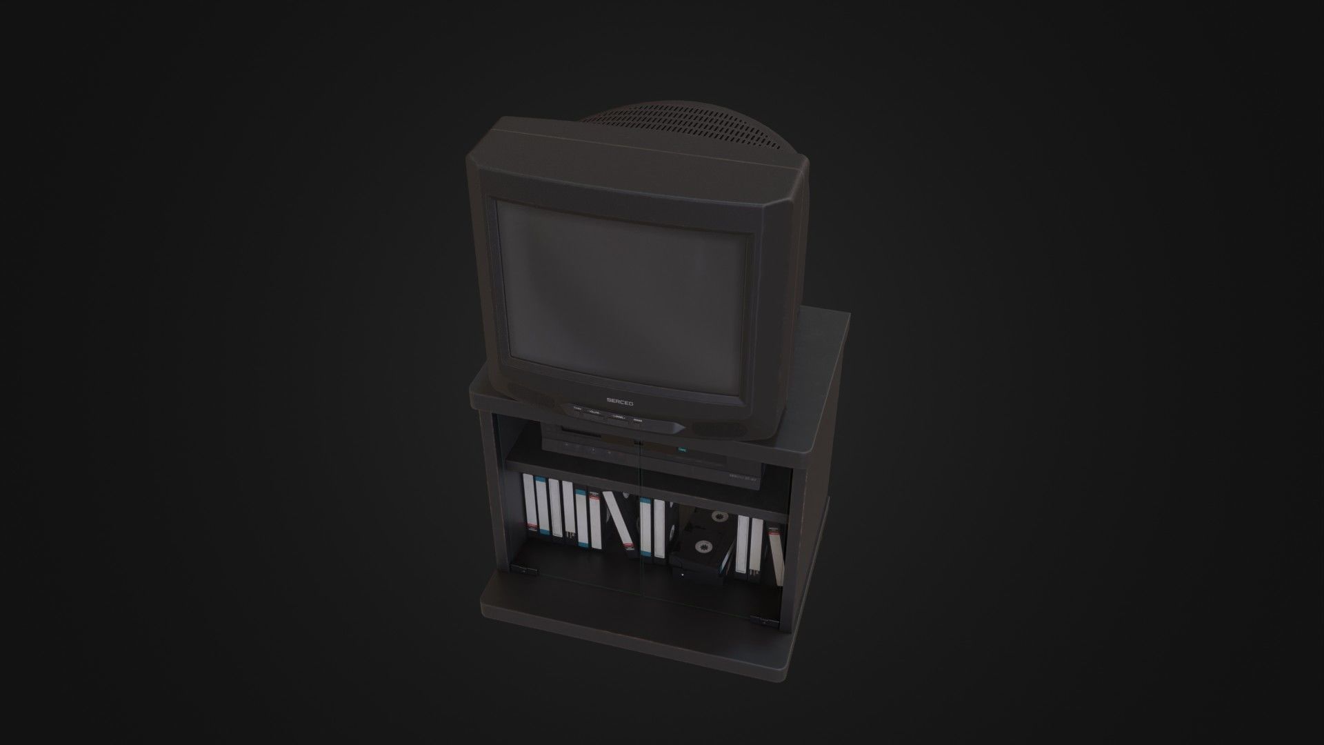 CRT Television with TV stand VCR player and VHS tapes Low-poly 3D model_43
