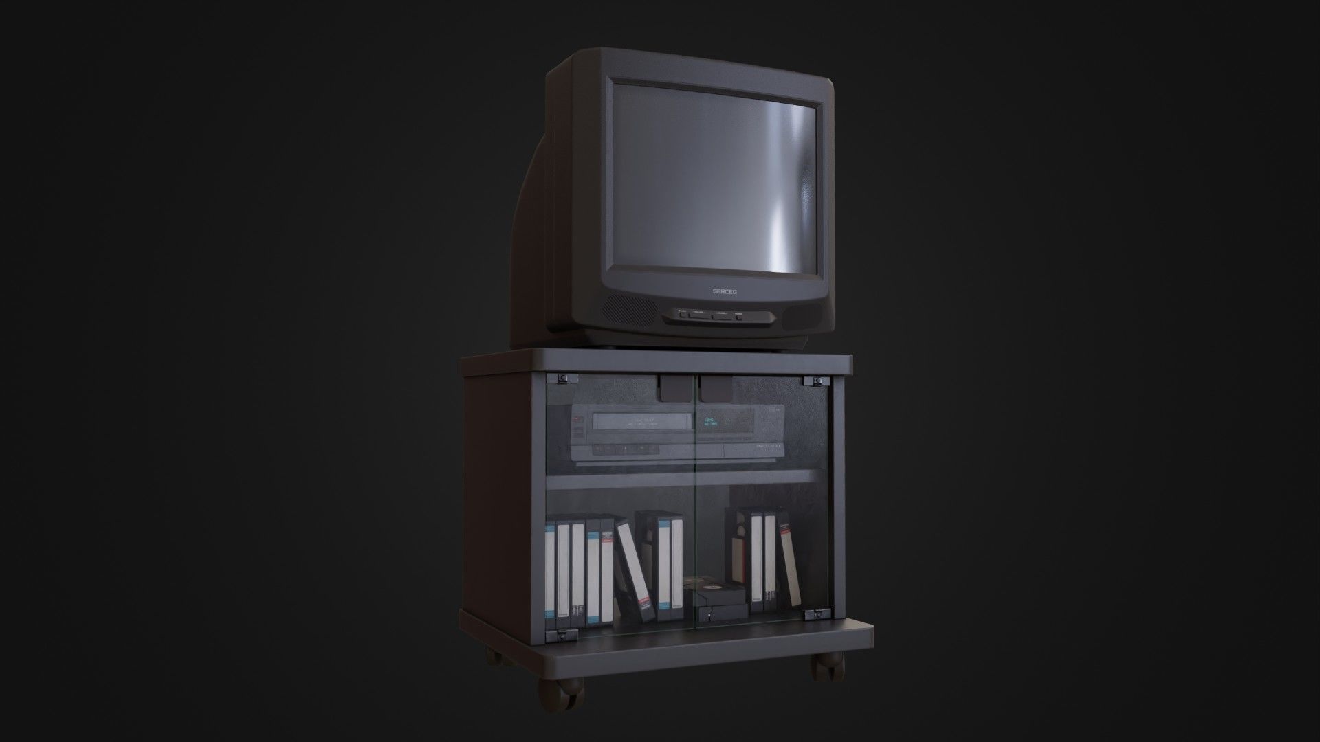 CRT Television with TV stand VCR player and VHS tapes Low-poly 3D model_5