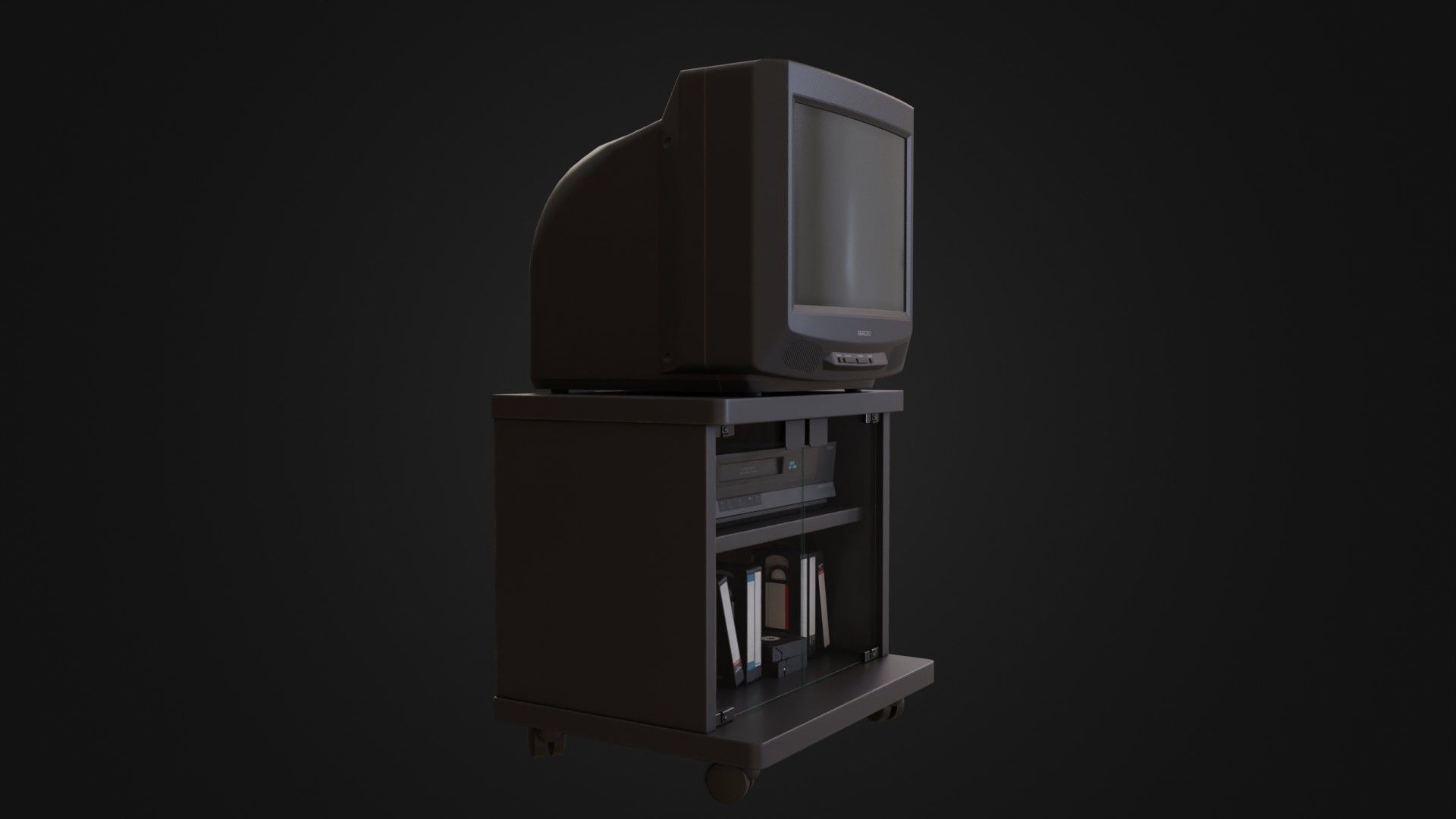 CRT Television with TV stand VCR player and VHS tapes Low-poly 3D model_9
