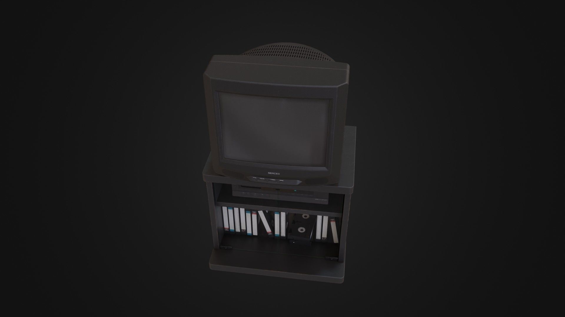 CRT Television with TV stand VCR player and VHS tapes Low-poly 3D model_44