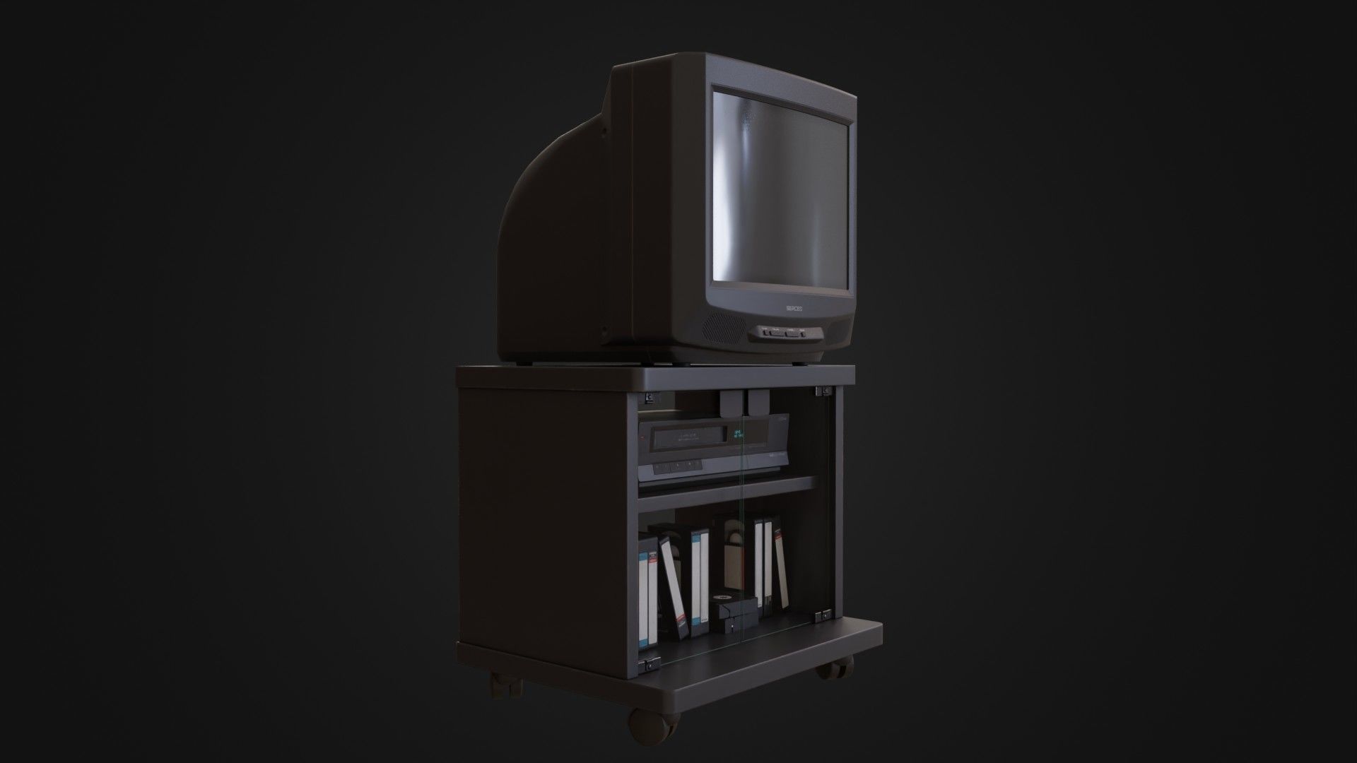 CRT Television with TV stand VCR player and VHS tapes Low-poly 3D model_8