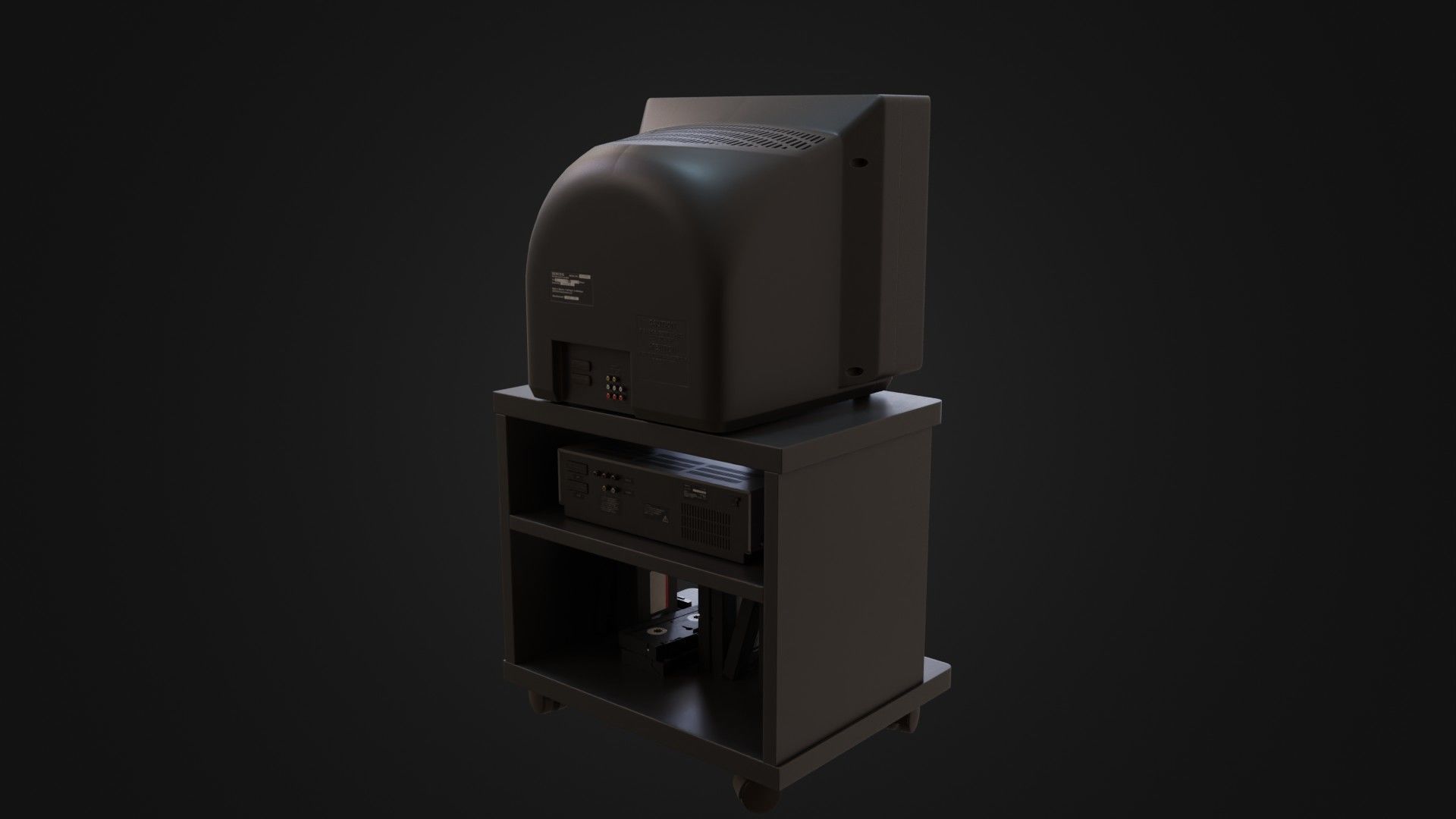 CRT Television with TV stand VCR player and VHS tapes Low-poly 3D model_19