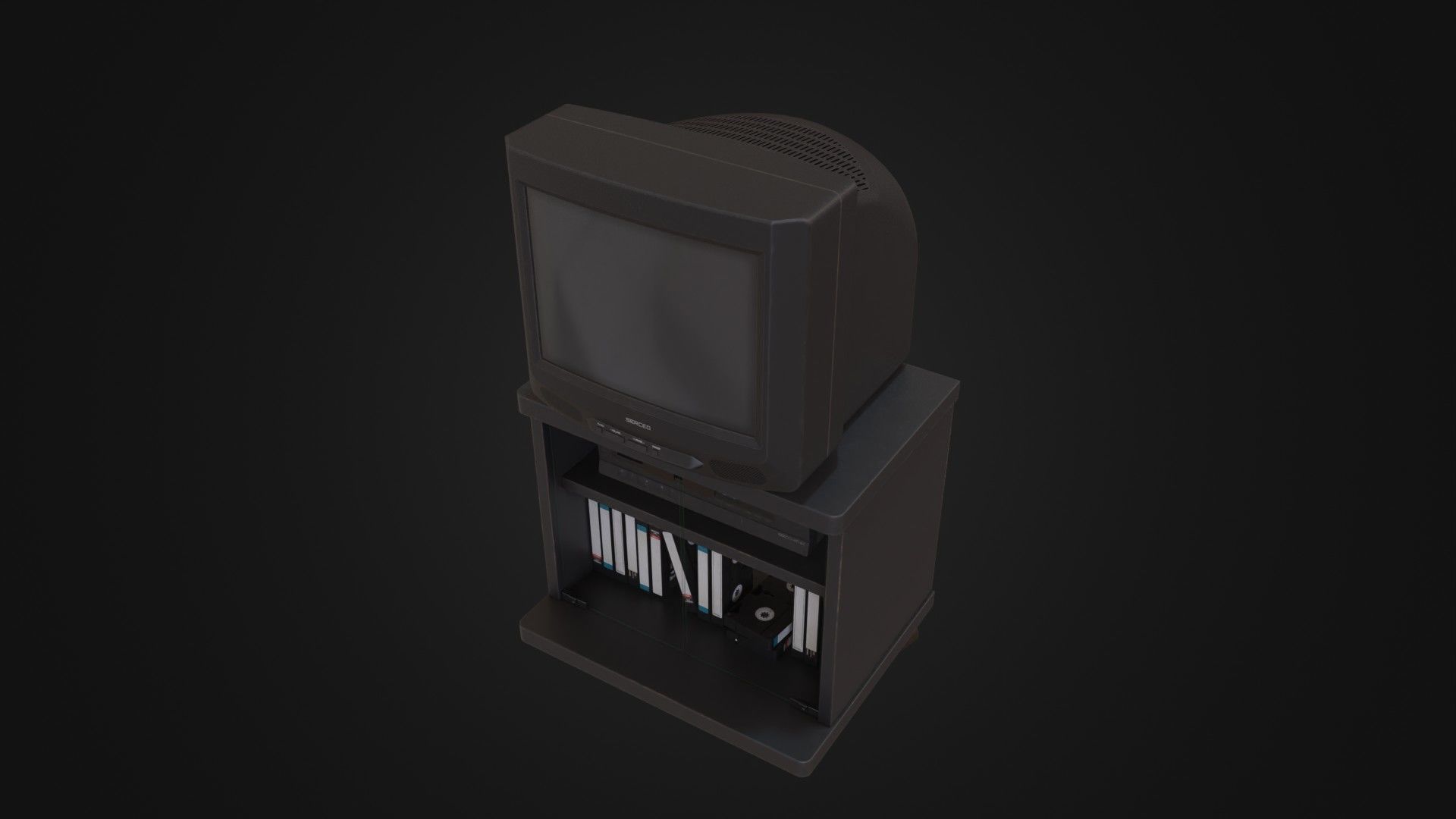 CRT Television with TV stand VCR player and VHS tapes Low-poly 3D model_41