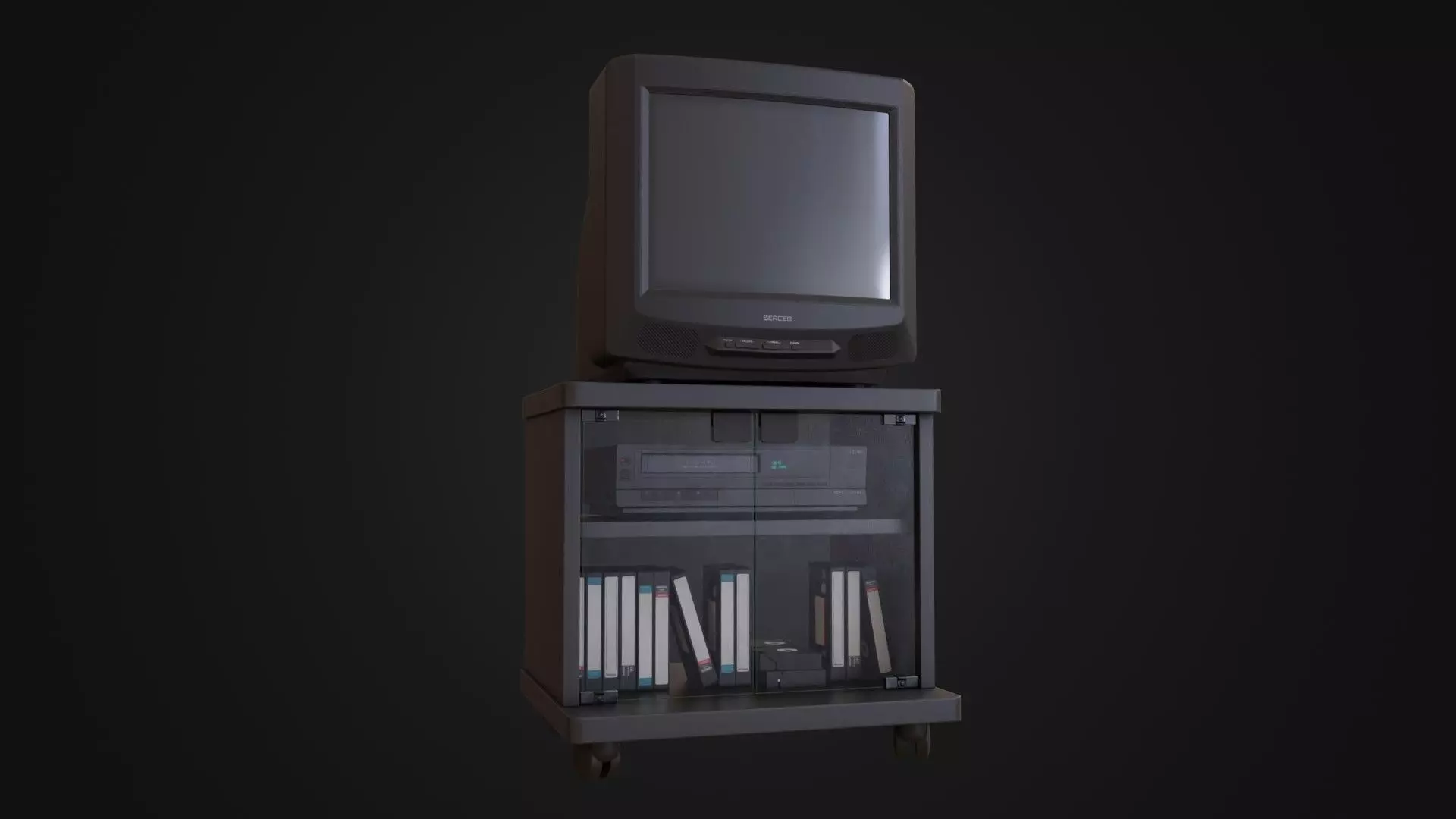 CRT Television with TV stand VCR player and VHS tapes Low-poly 3D model_0