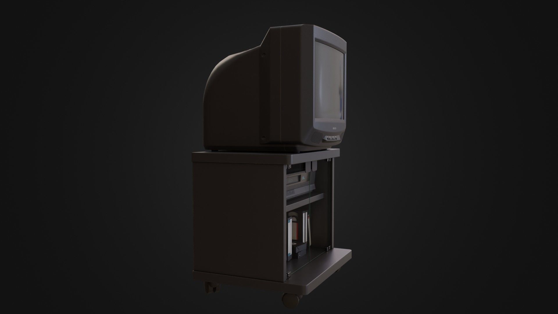 CRT Television with TV stand VCR player and VHS tapes Low-poly 3D model_10