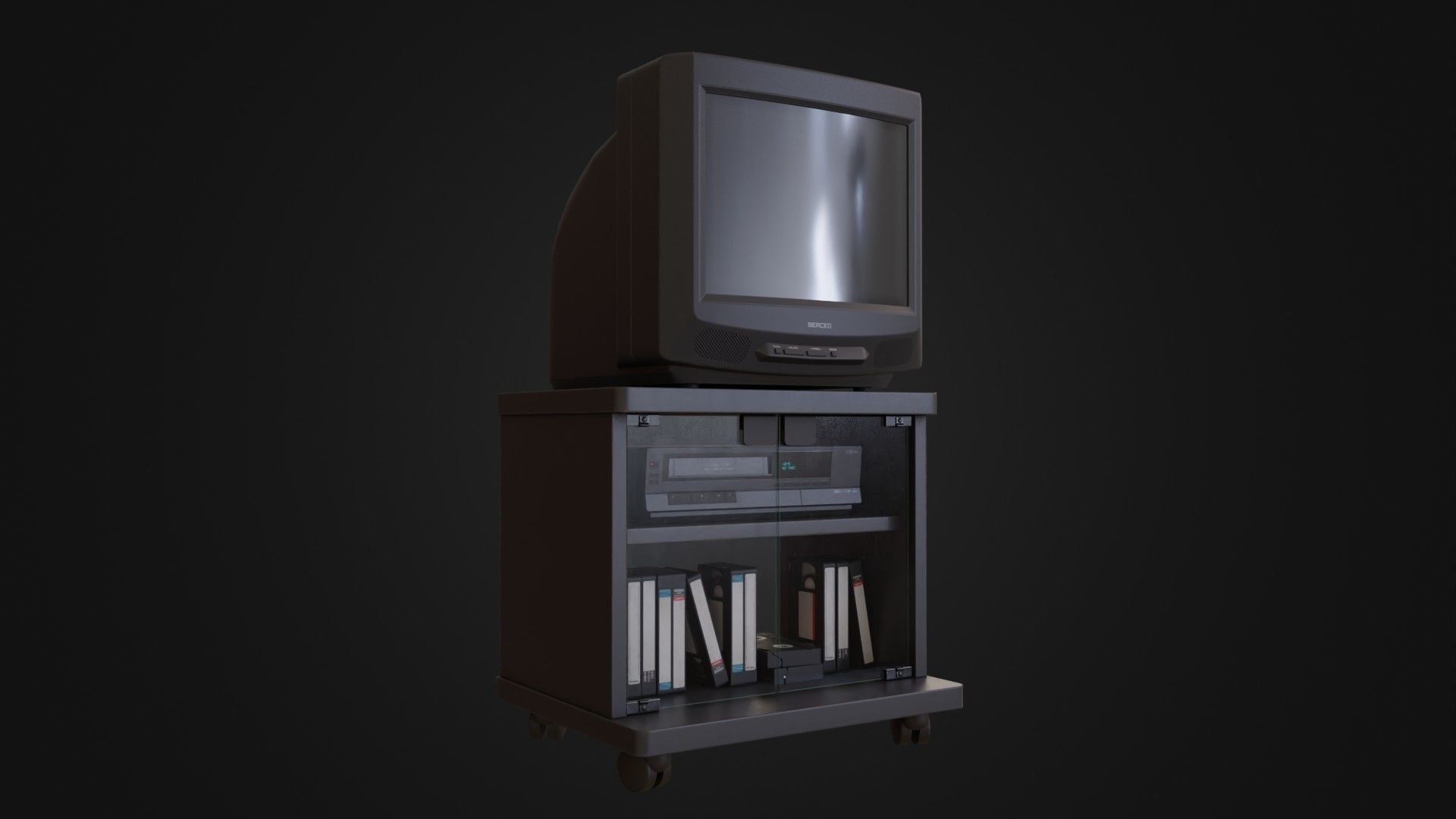 CRT Television with TV stand VCR player and VHS tapes Low-poly 3D model_6