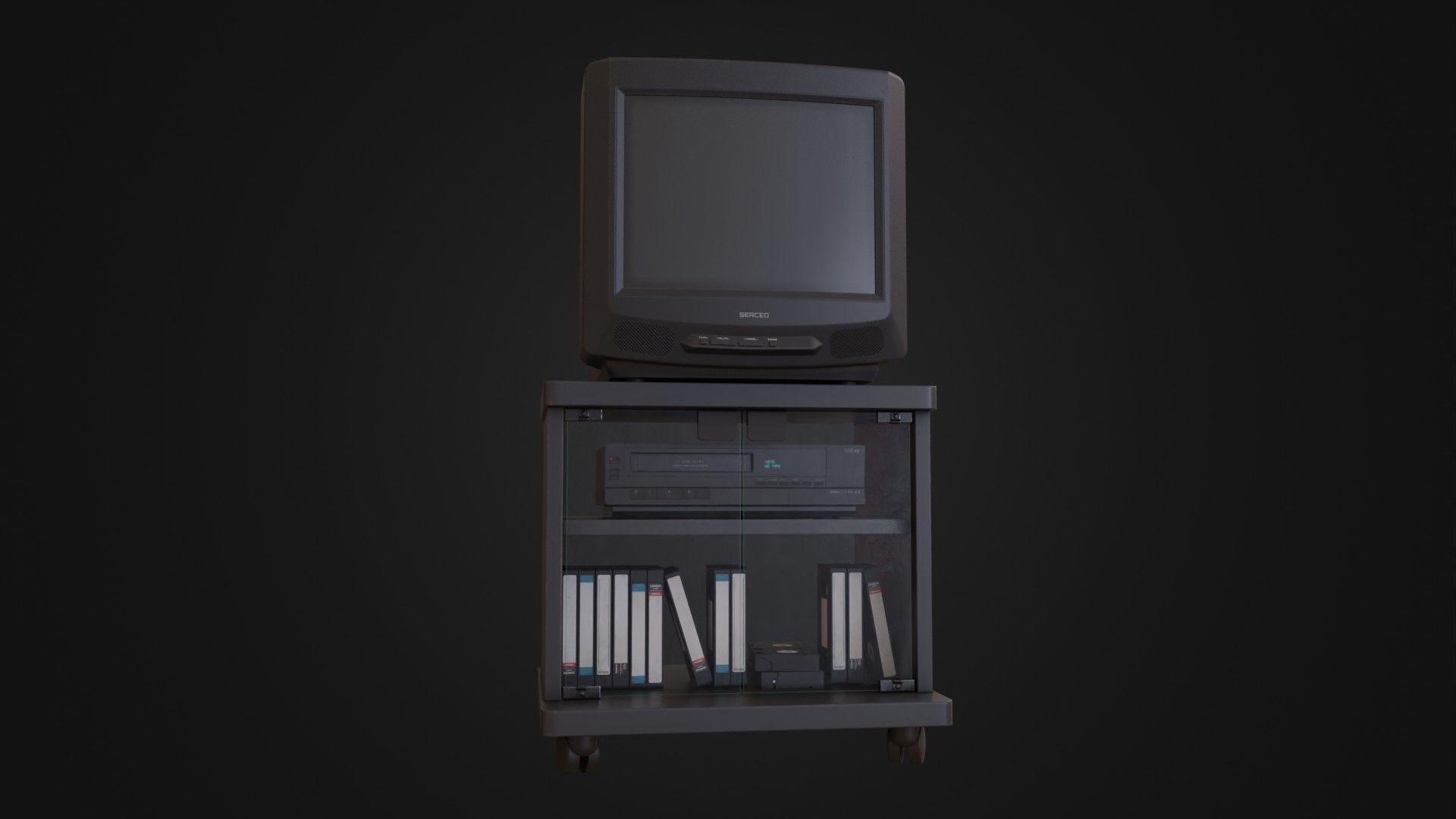 CRT Television with TV stand VCR player and VHS tapes Low-poly 3D model_4