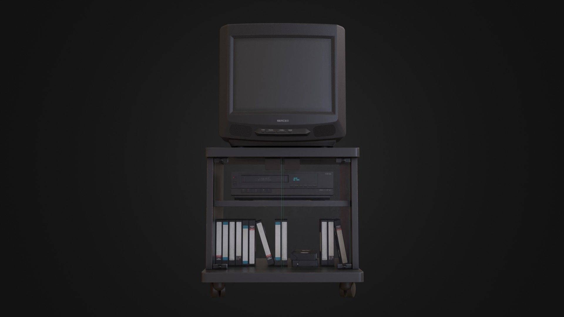 CRT Television with TV stand VCR player and VHS tapes Low-poly 3D model_3