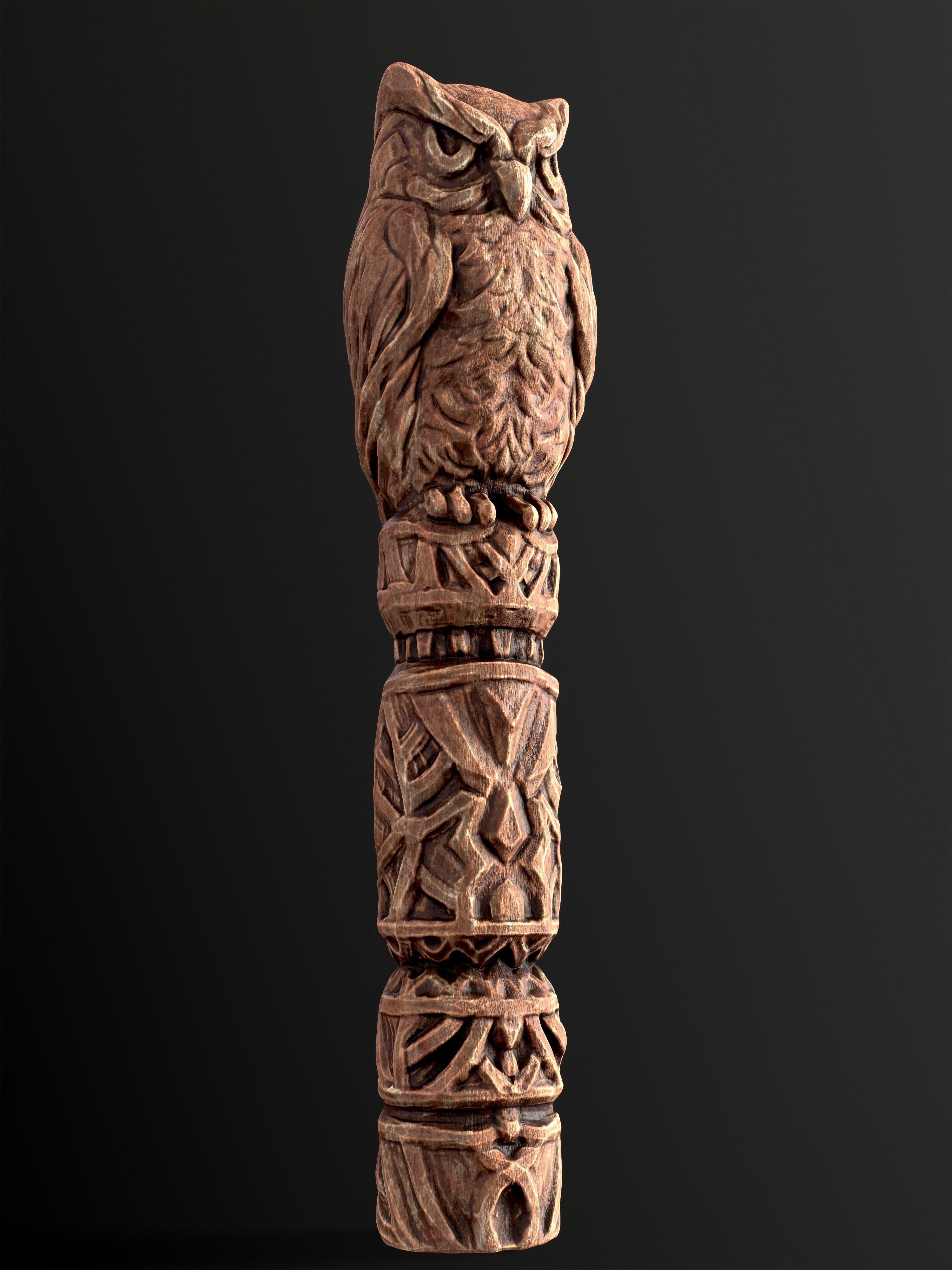 Wooden Totem Owl Pole  Low-poly 3D model_5