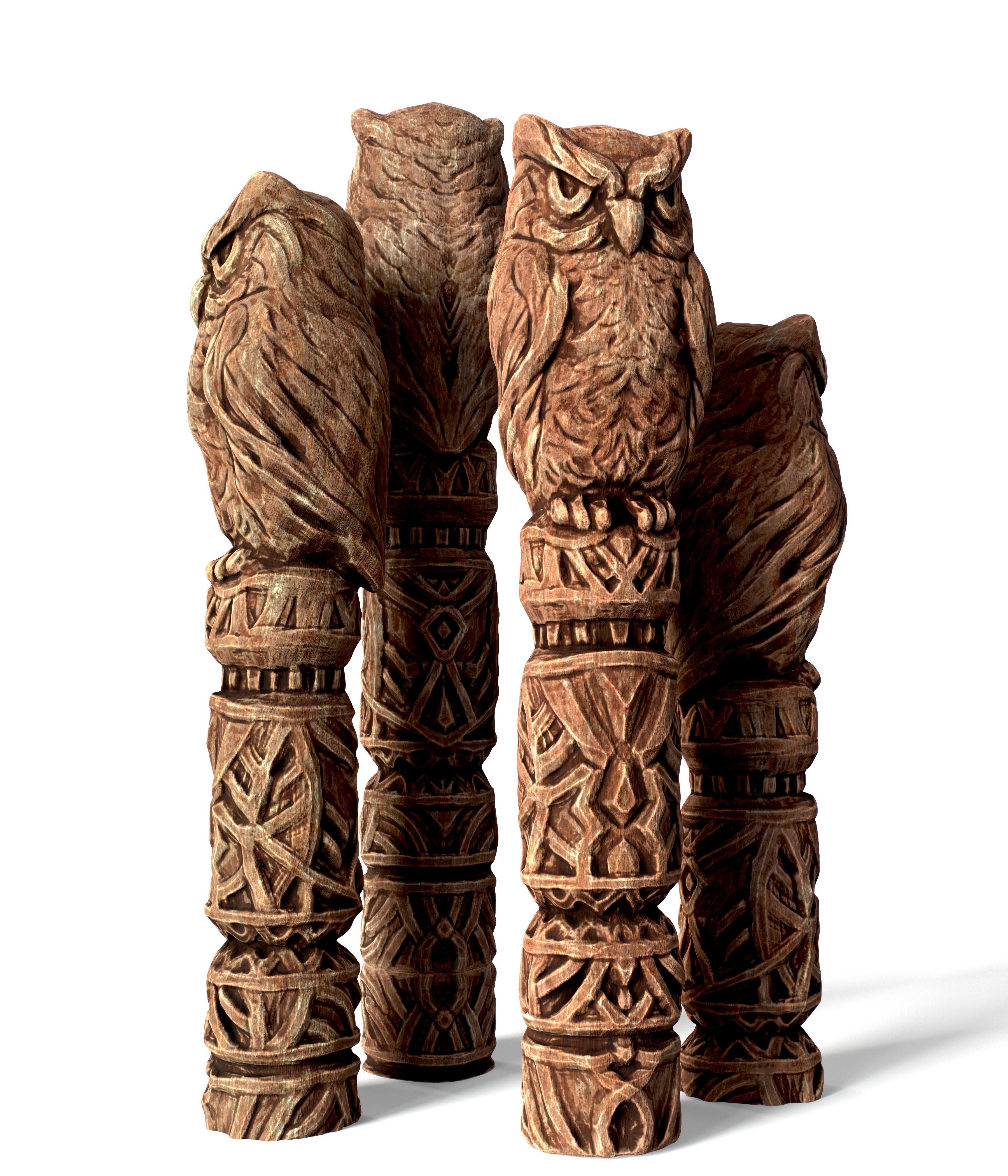 Wooden Totem Owl Pole  Low-poly 3D model_3