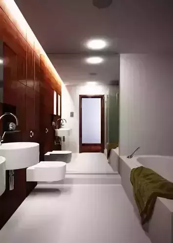 Modern Wooden Bathroom With A Mirror