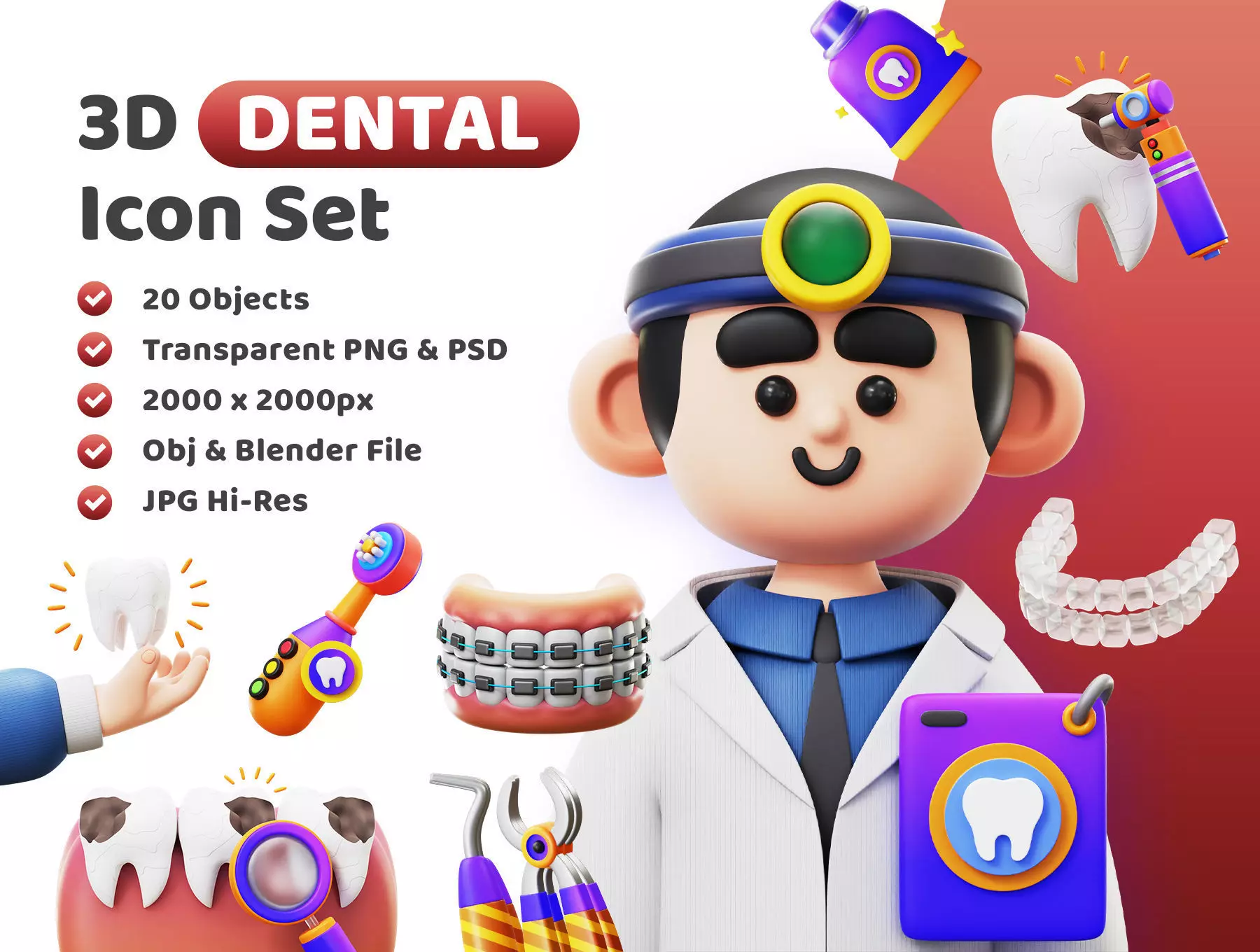 Dental Icon Pack 3D Model Low-poly 3D model