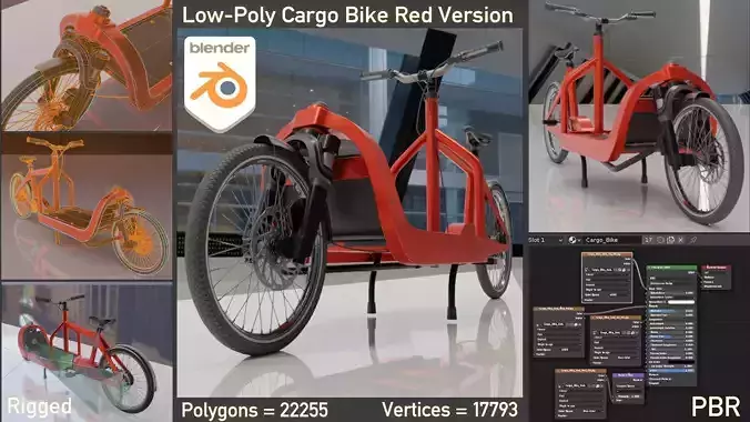 Low-Poly Cargo Bike Red Version Rigged Low-poly 3D model
