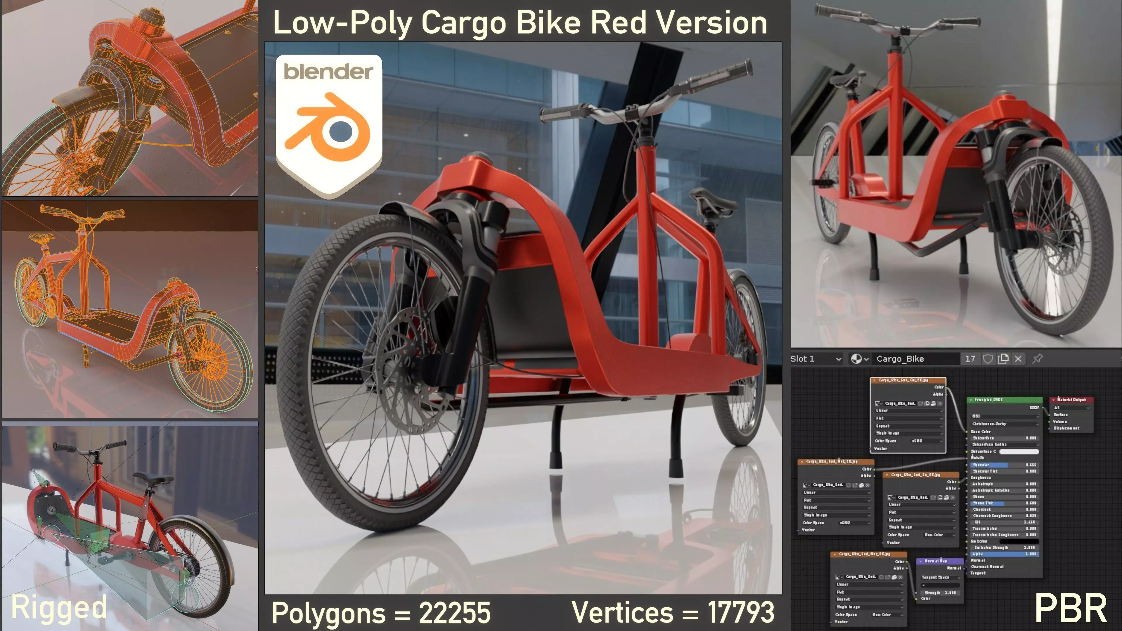 Low-Poly Cargo Bike Red Version Rigged Low-poly 3D model_0