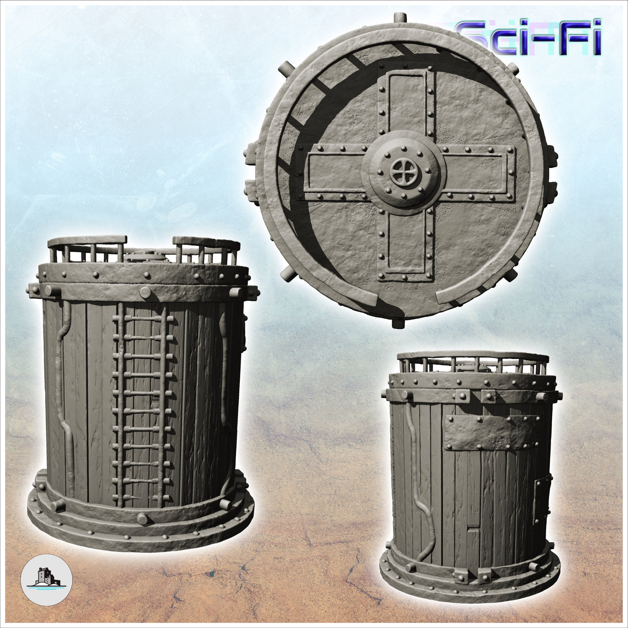 Round storage silo with reinforced wooden access ladder -12- 3D print model_2