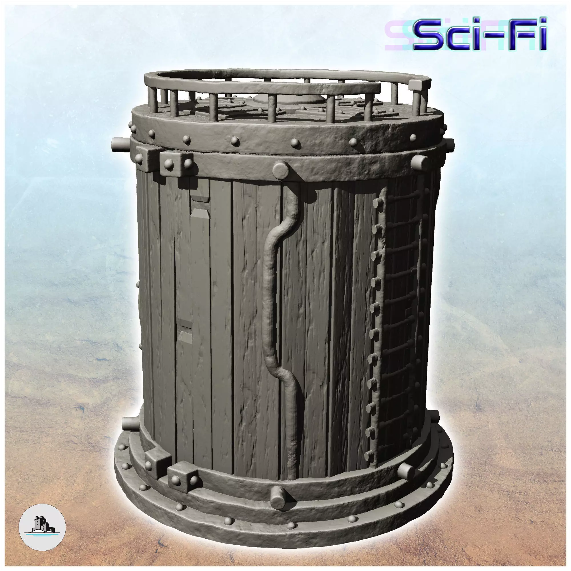 Round storage silo with reinforced wooden access ladder -12- 3D print model_0