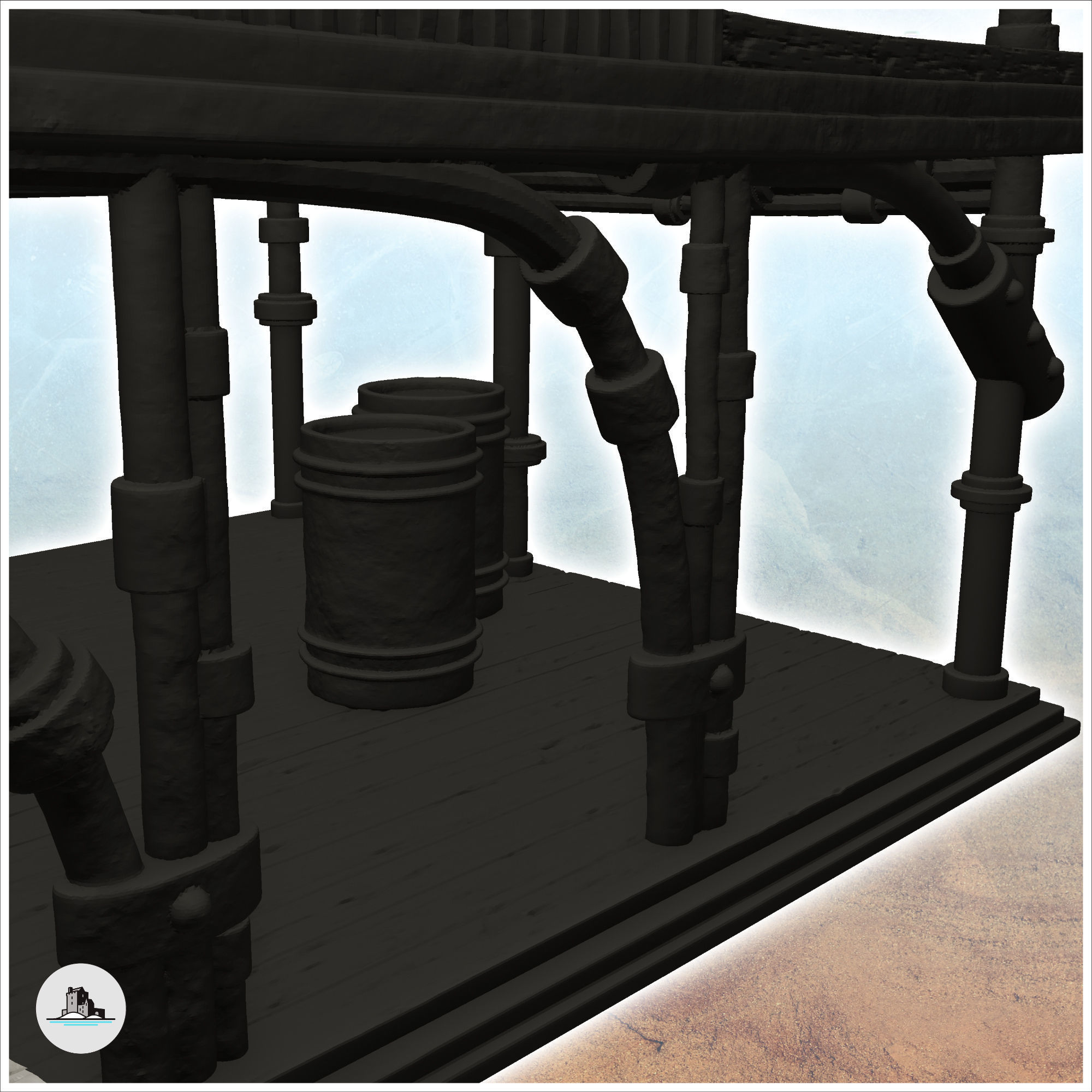 Post-apocalyptic house on stilts with product drums -7- 3D print model_7