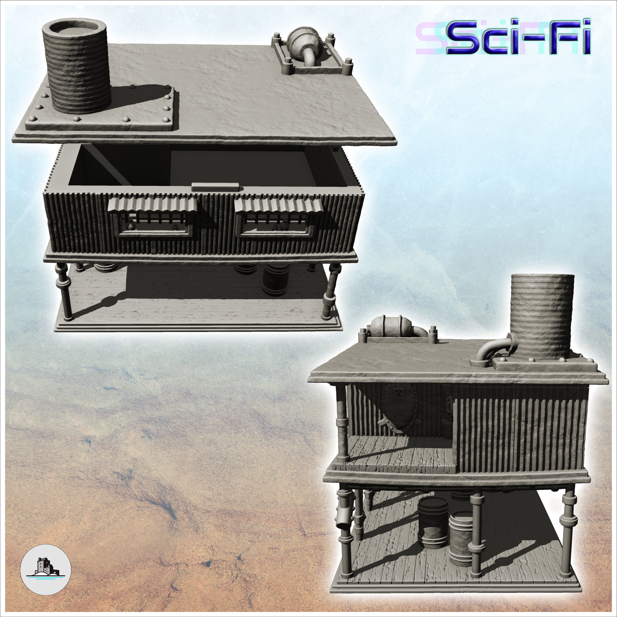 Post-apocalyptic house on stilts with product drums -7- 3D print model_2