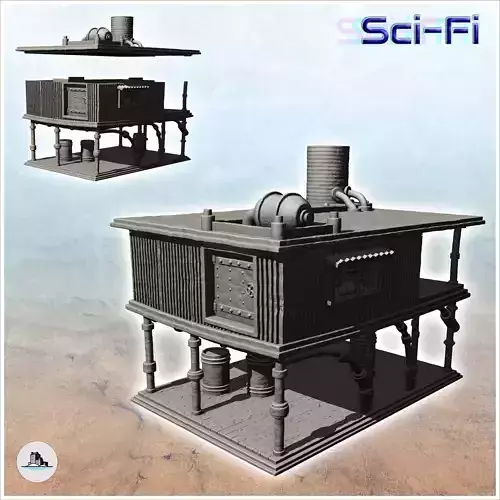 Post-apocalyptic house on stilts with product drums -7- 3D print model