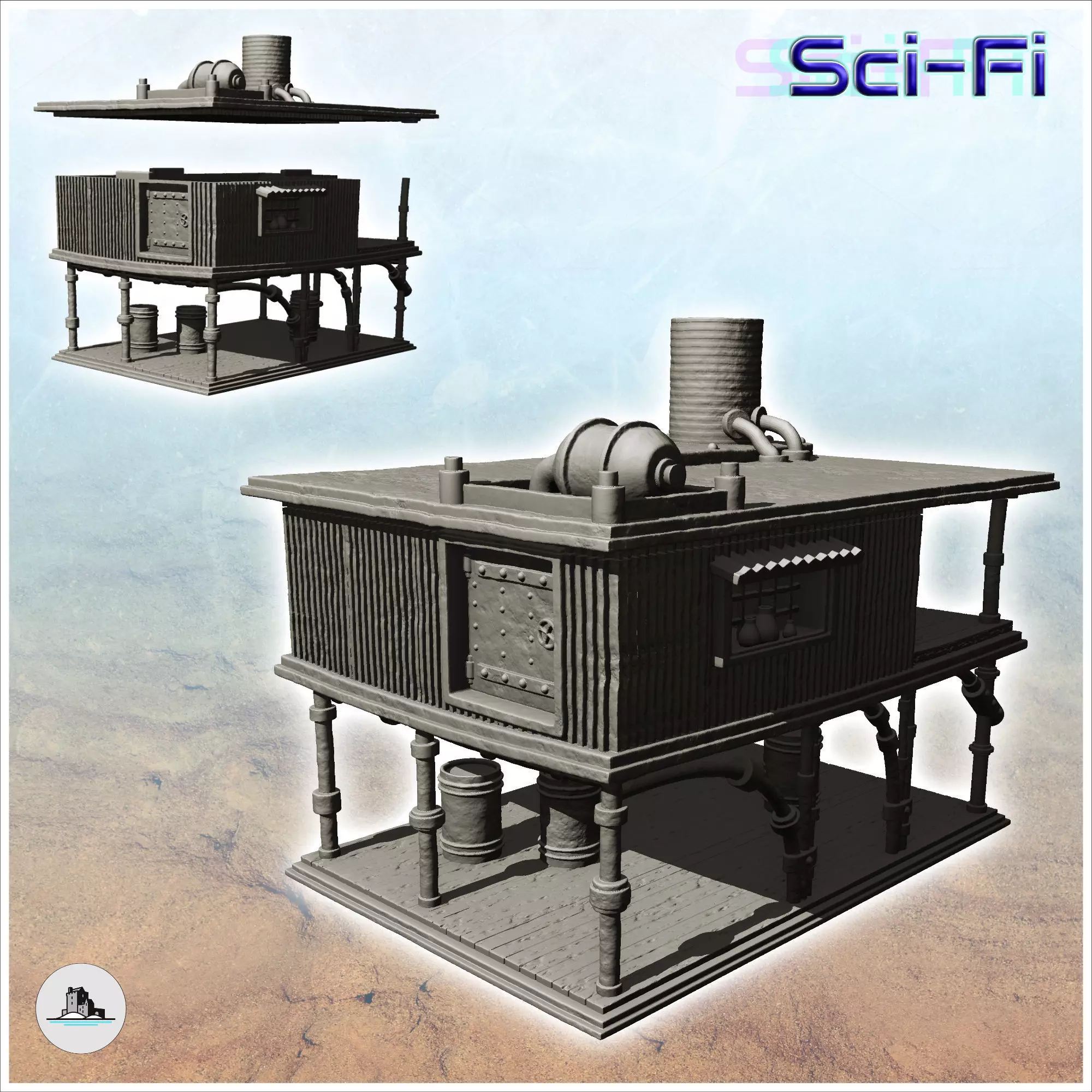 Post-apocalyptic house on stilts with product drums -7- 3D print model_0