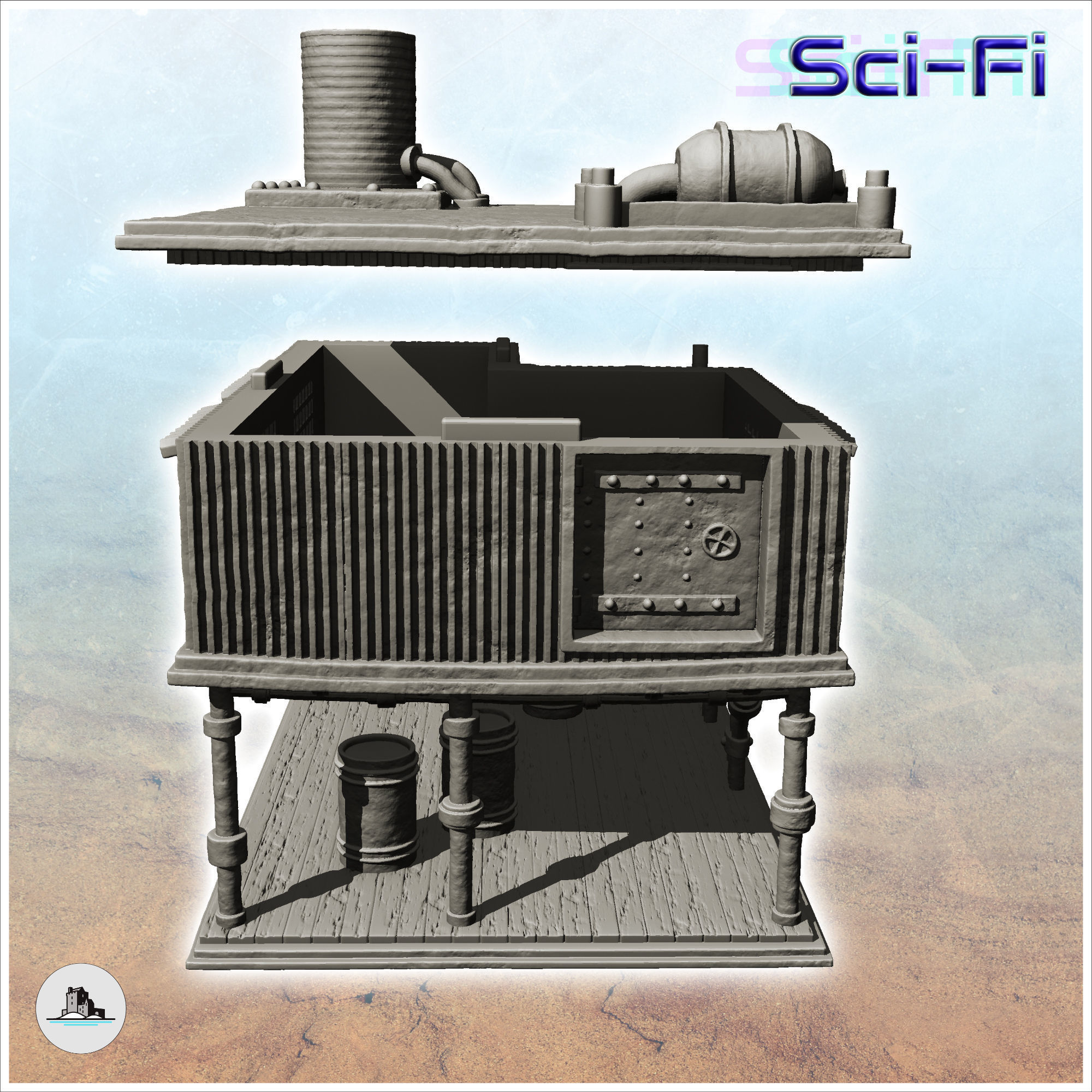 Post-apocalyptic house on stilts with product drums -7- 3D print model_4