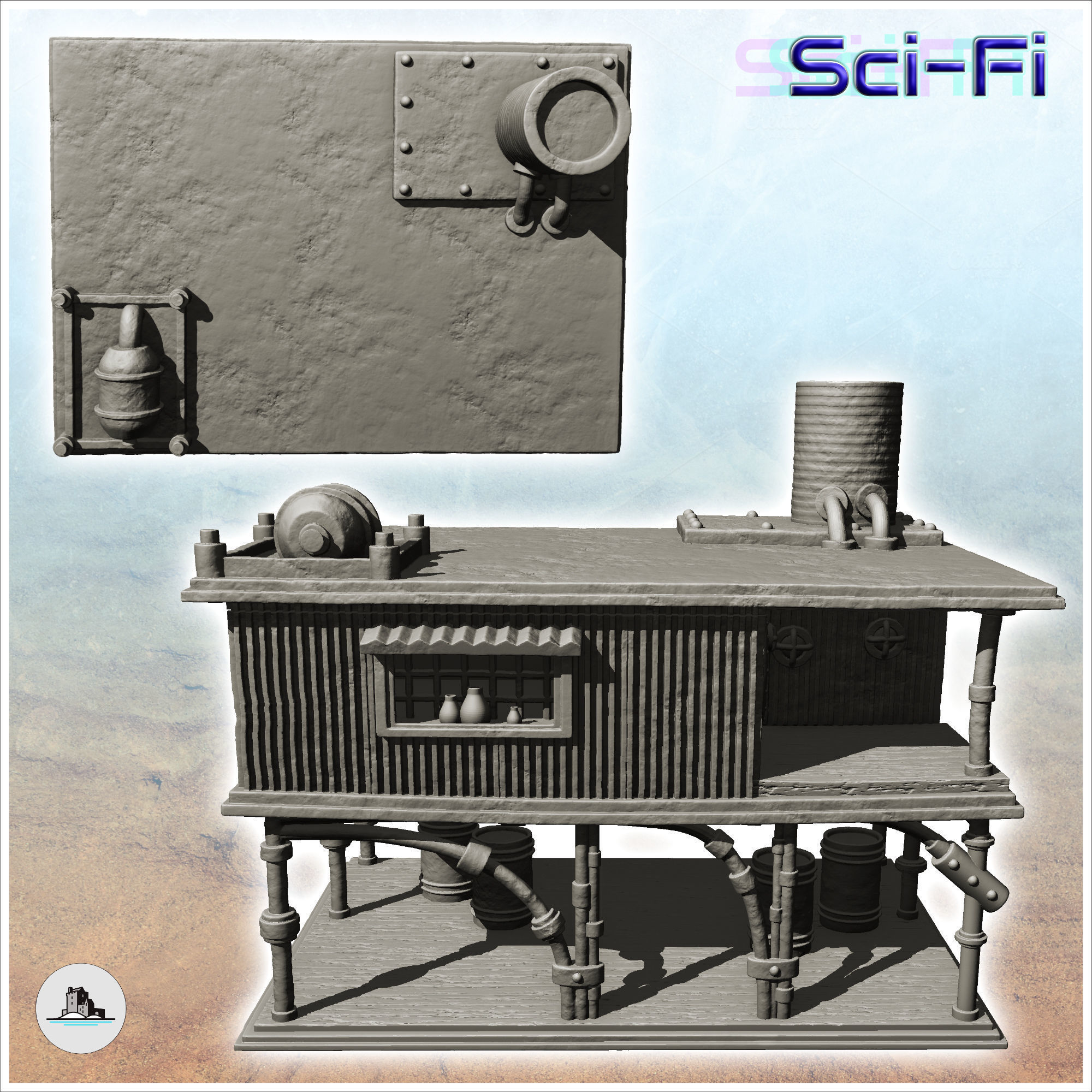 Post-apocalyptic house on stilts with product drums -7- 3D print model_3